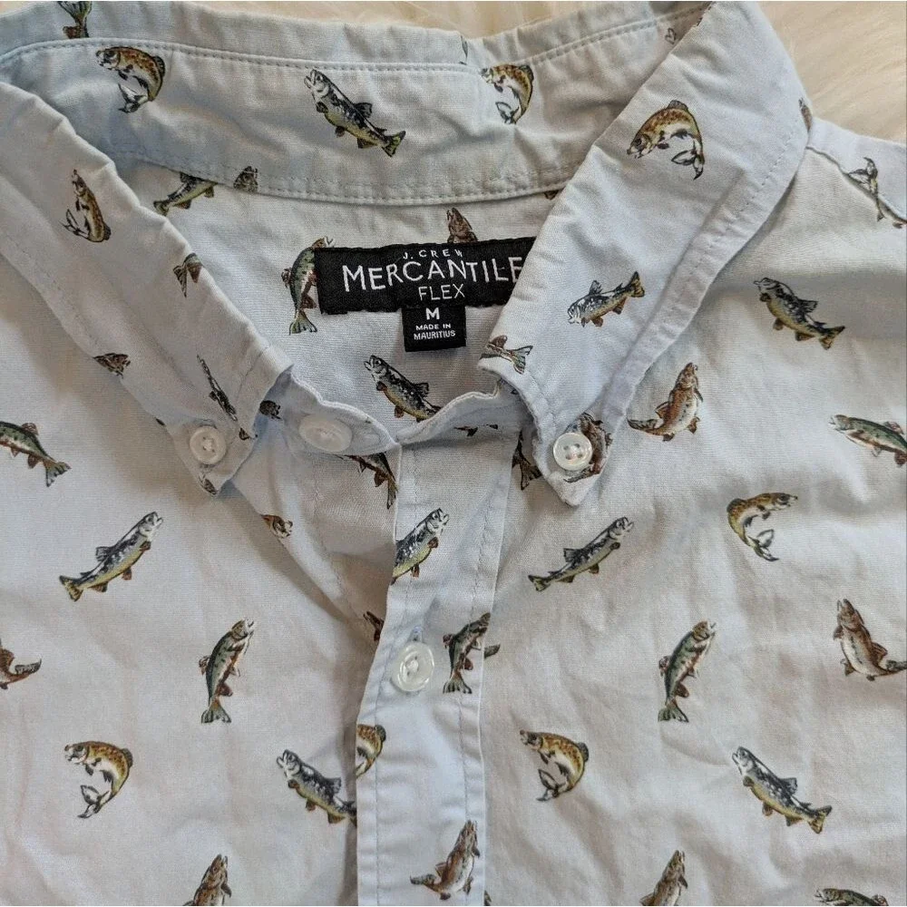 JCrew Mercantile Flex Shirt Bass Fish Printed Button Front Short Sleeve Shirt M